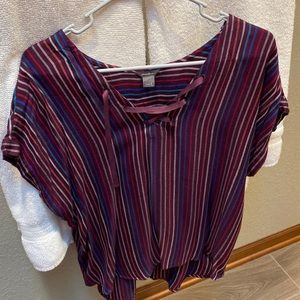 Eddie Bauer Short-Sleeve Top Maroon Multi-Colored Striped 100% Size: Large